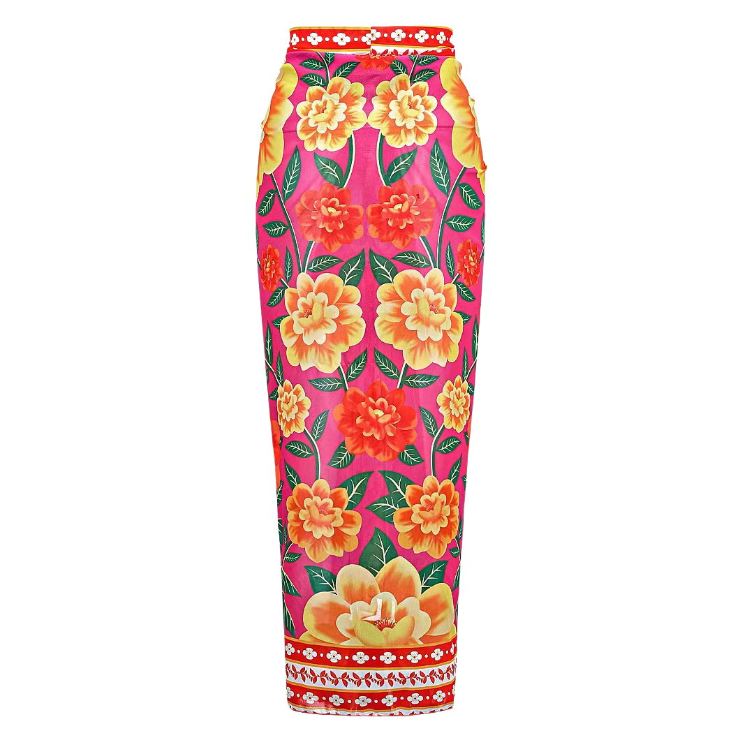 One-piece swimsuit with contrast print and ruffled sarong