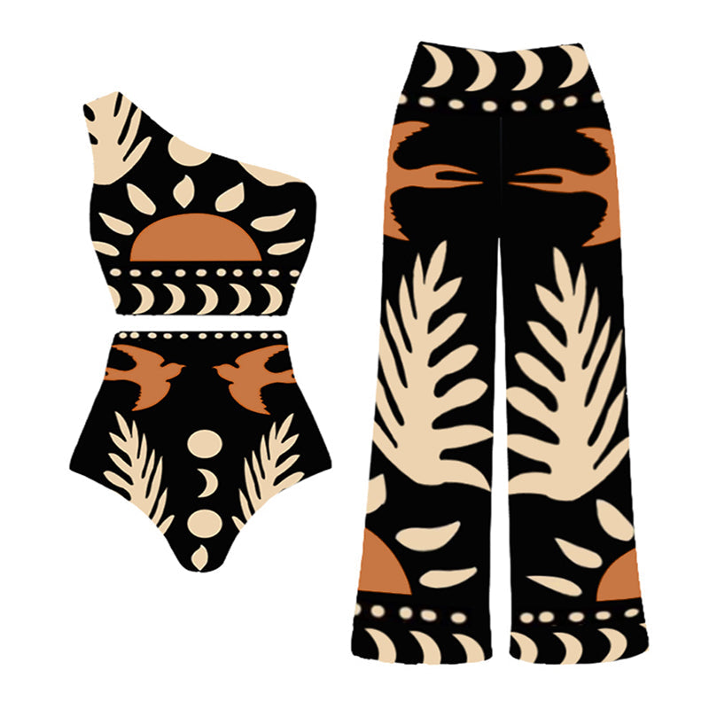 High-waisted one-sleeve swimsuit and pants or skirt