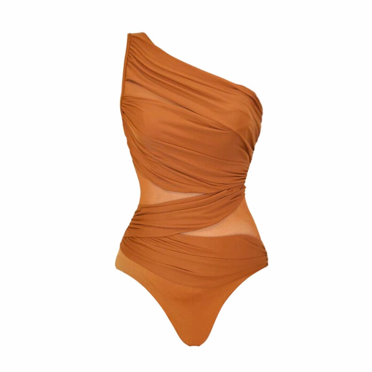 A crinkled one-sleeve swimsuit in sheer rust and a sarong