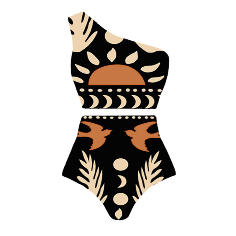 High-waisted one-sleeve swimsuit and pants or skirt