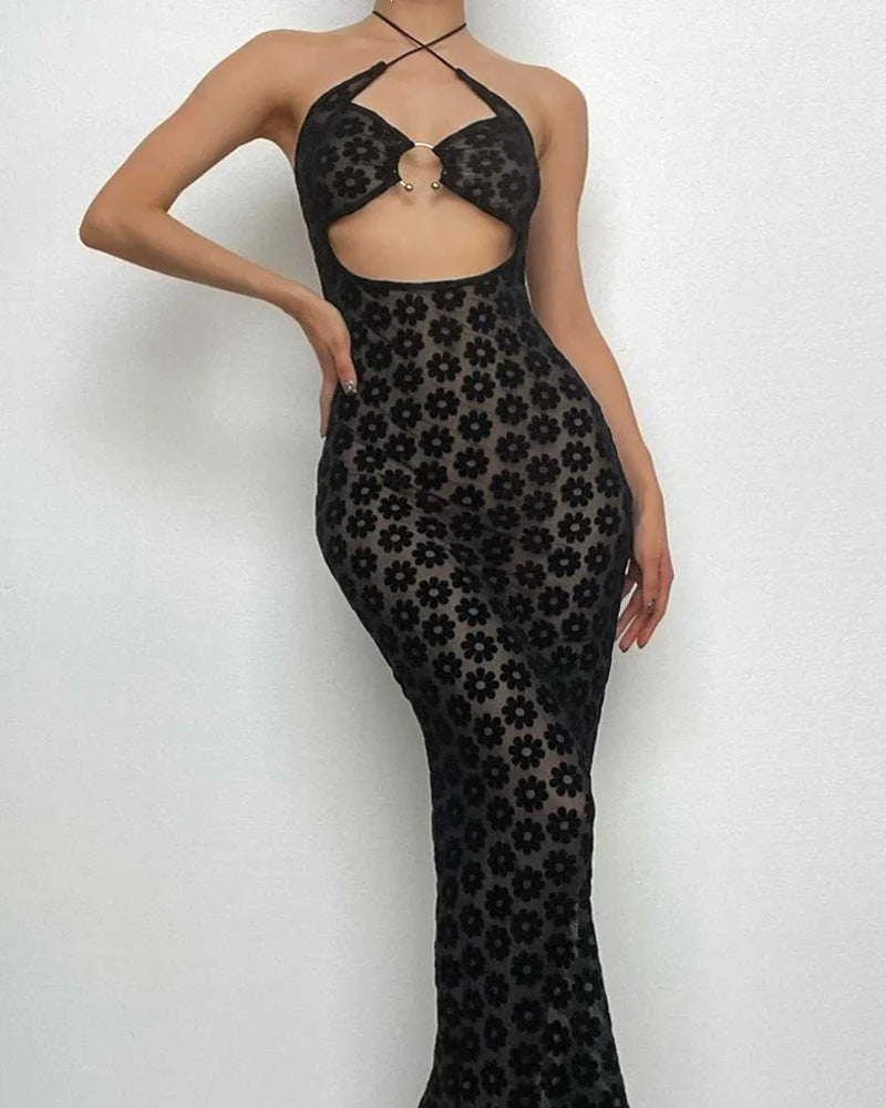 Elegant Sexy Mesh Hollow Out Floral Long Dress for Women