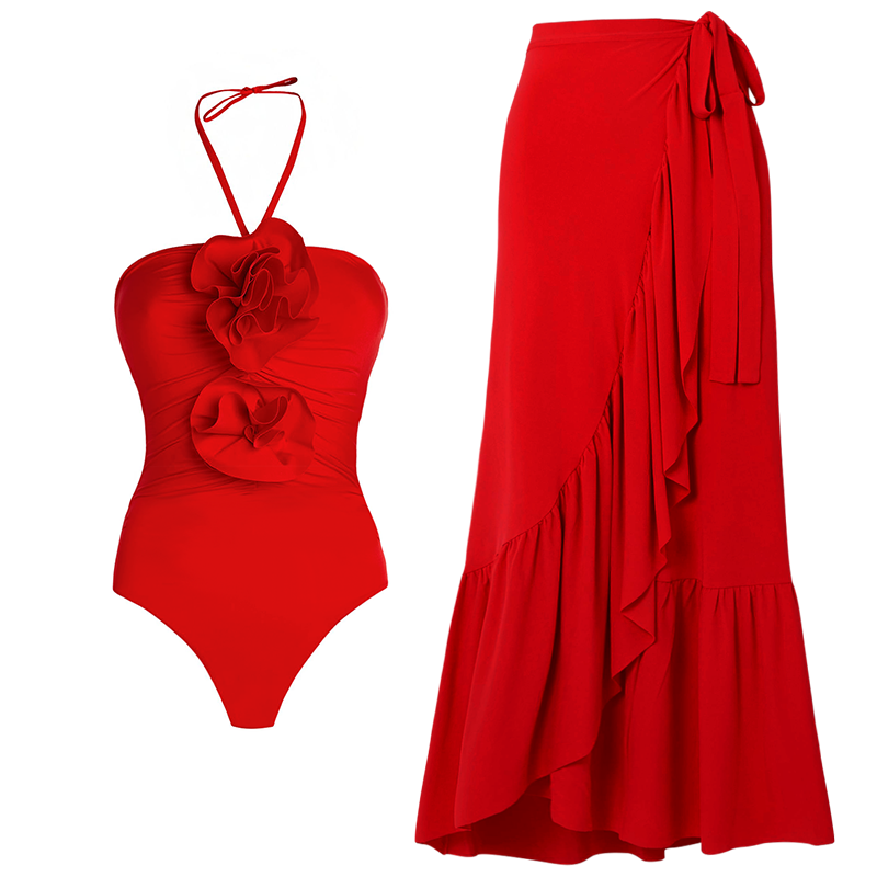 Red one-piece swimsuit and skirt with detachable 3D flower