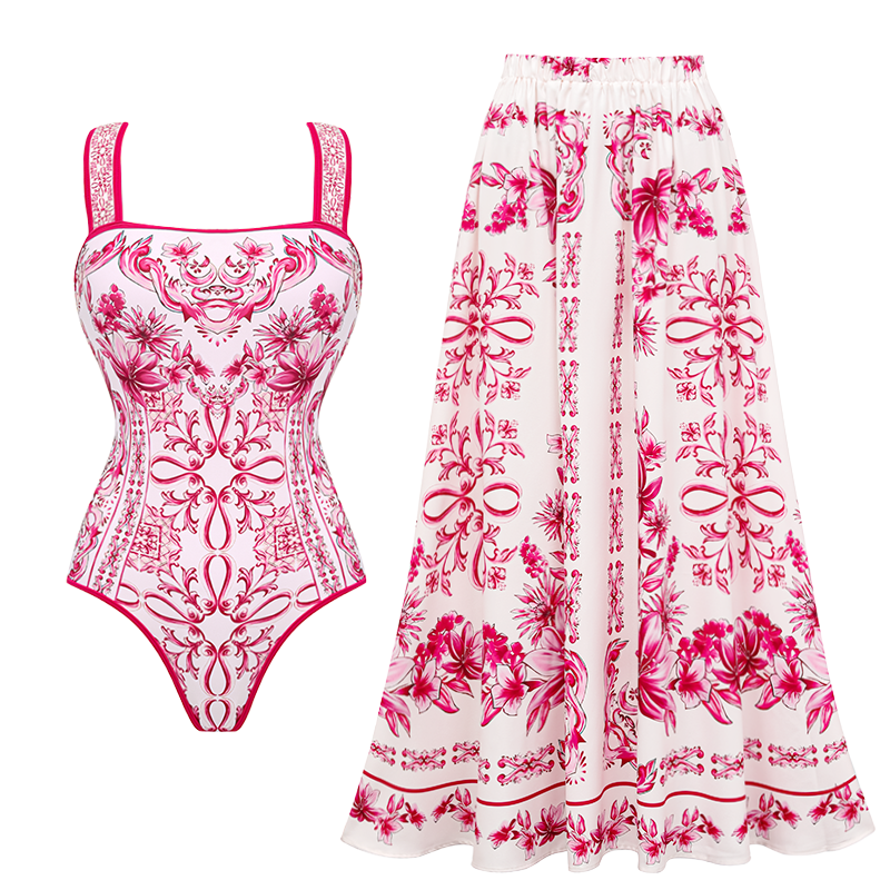Sling Lily y Majolica Serie Patrón Impreso Traje de Baño de Una Pieza y Falda o Pantalones