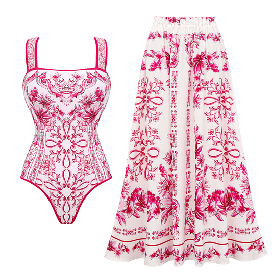 Sling Lily y Majolica Serie Patrón Impreso Traje de Baño de Una Pieza y Falda o Pantalones