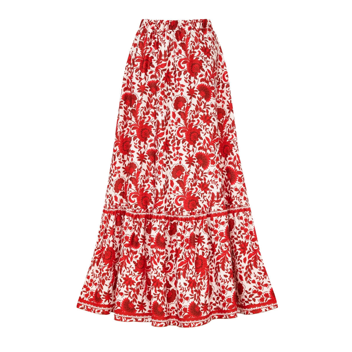 Red flower silhouette print one-piece swimsuit with ruffles and skirt