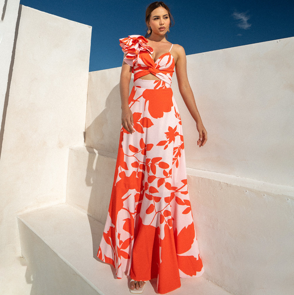 Printed one-sleeve ruffled swimsuit with skirt