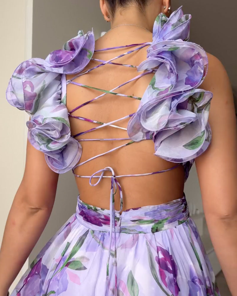 Holiday beach dress with ruffled straps at the back and V-neckline