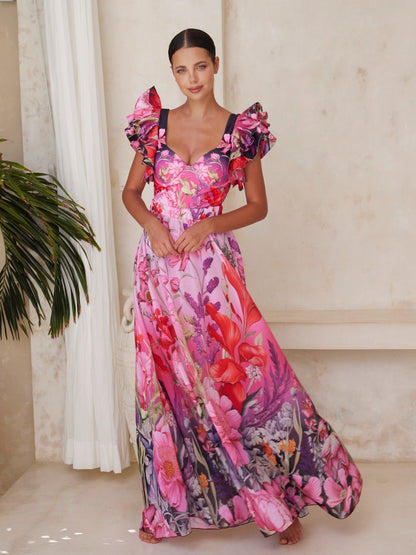 Traje de baño de una pieza con estampado de flores rizadas y pareo