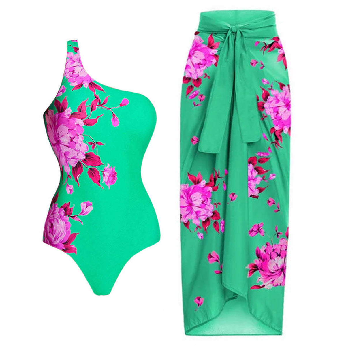 A one-sleeve floral print swimsuit with a sarong
