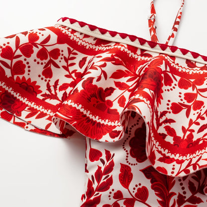 Bañador de una pieza con estampado de silueta de flor roja con volantes y falda