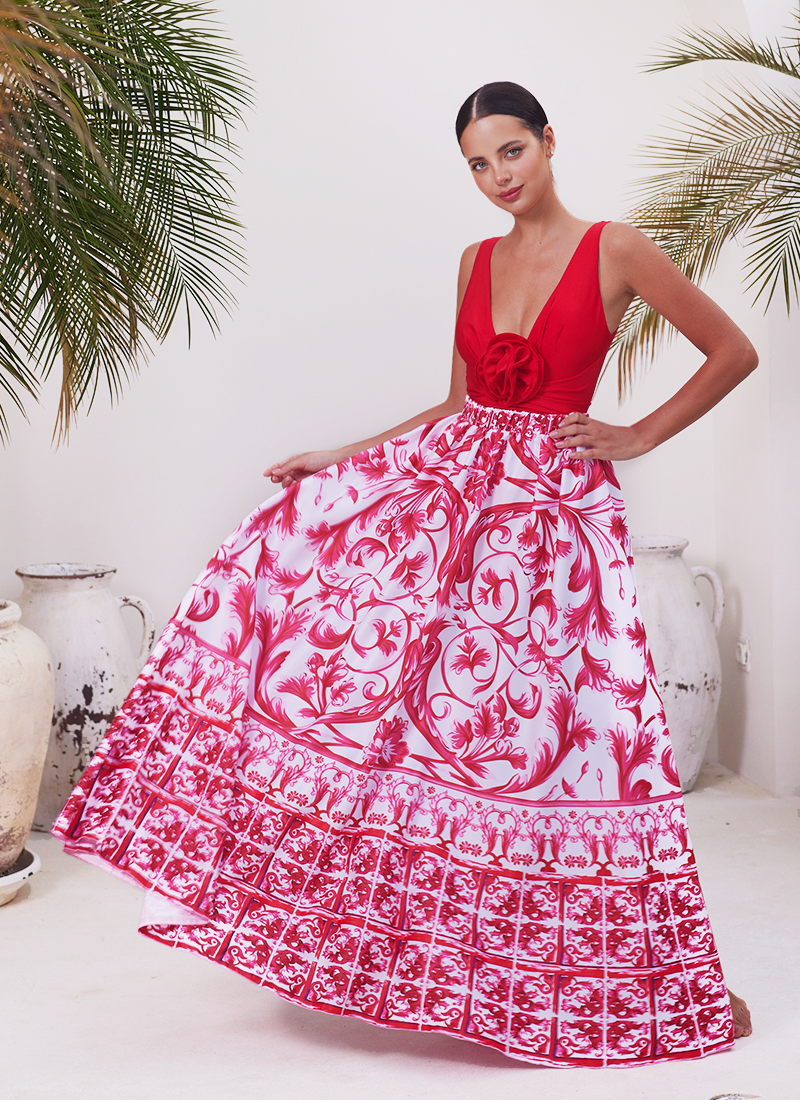 Red one-piece swimsuit and skirt with detachable 3D flower