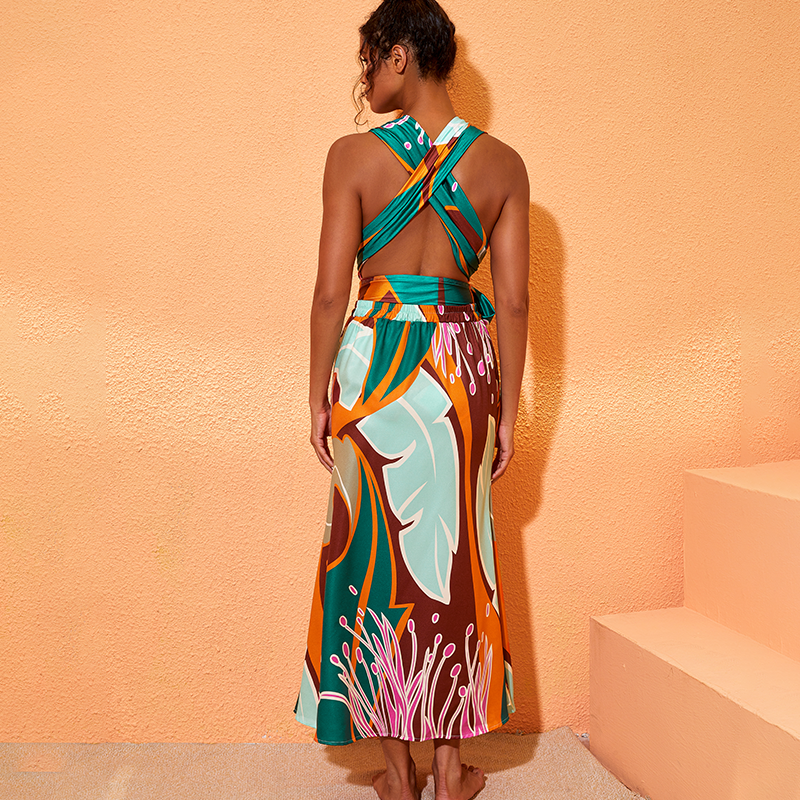 One-piece swimsuit with print and skirt