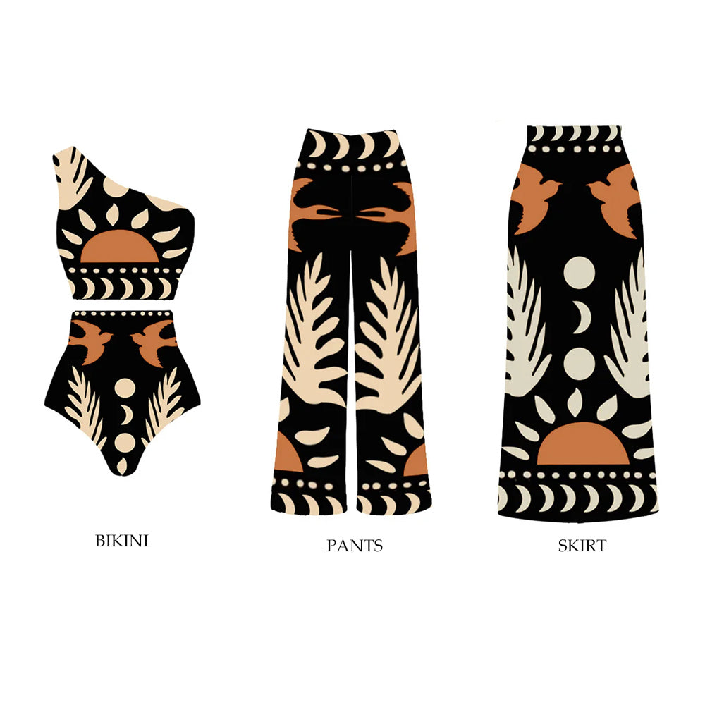 High-waisted one-sleeve swimsuit and pants or skirt