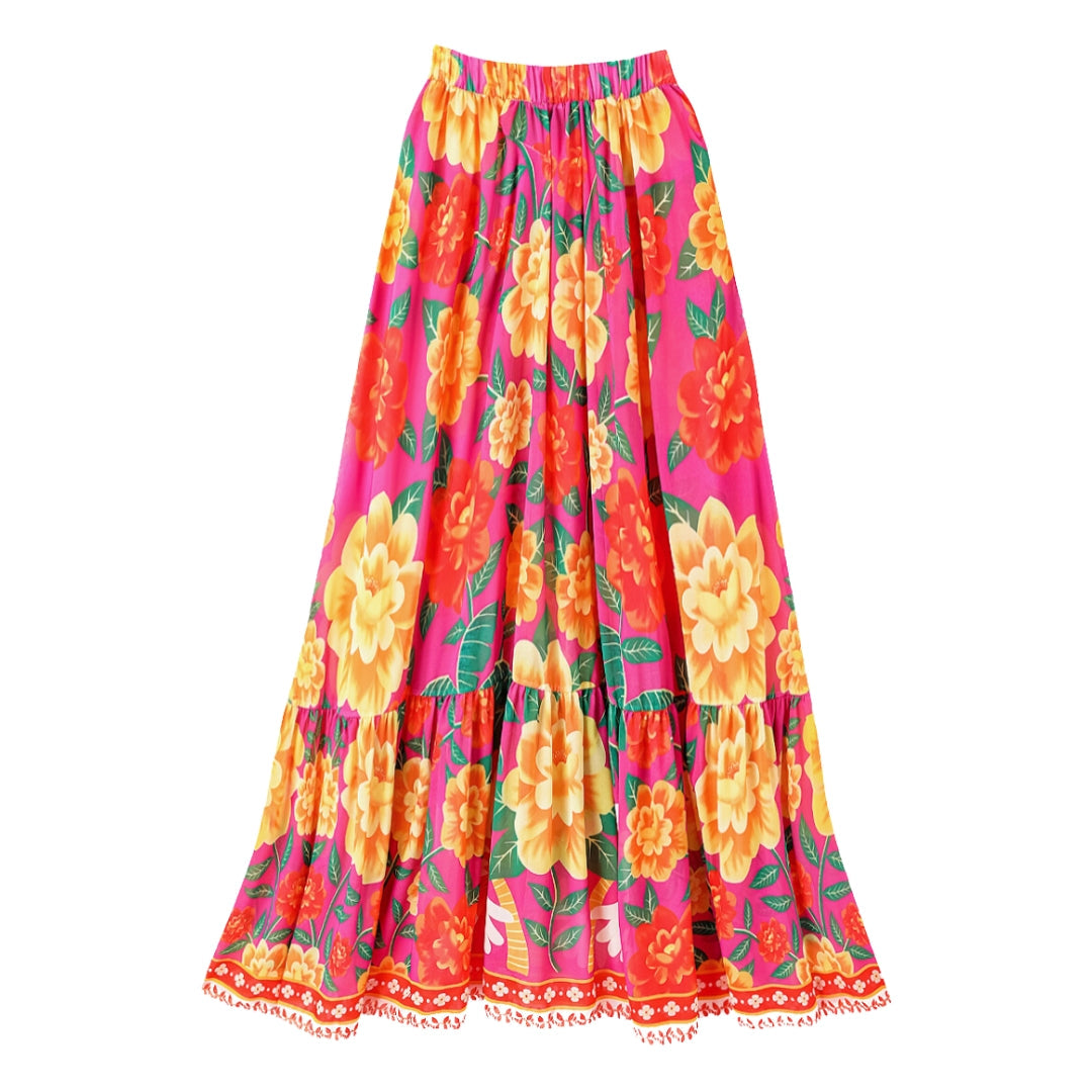 One-piece swimsuit with contrast print and ruffled sarong