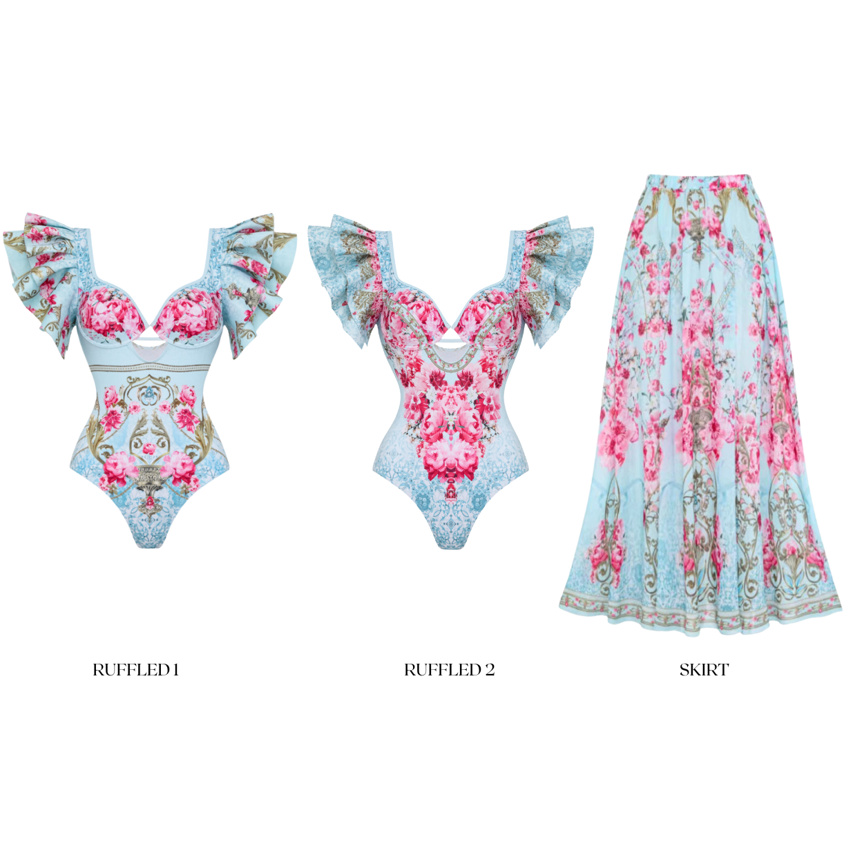 One-piece swimsuit with a curly blue floral print and skirt