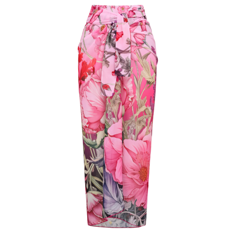 Traje de baño de una pieza con estampado de flores rizadas y pareo