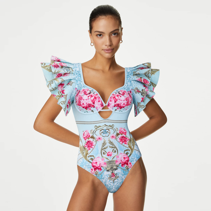 Bañador de una pieza con estampado de flores azules rizadas y falda