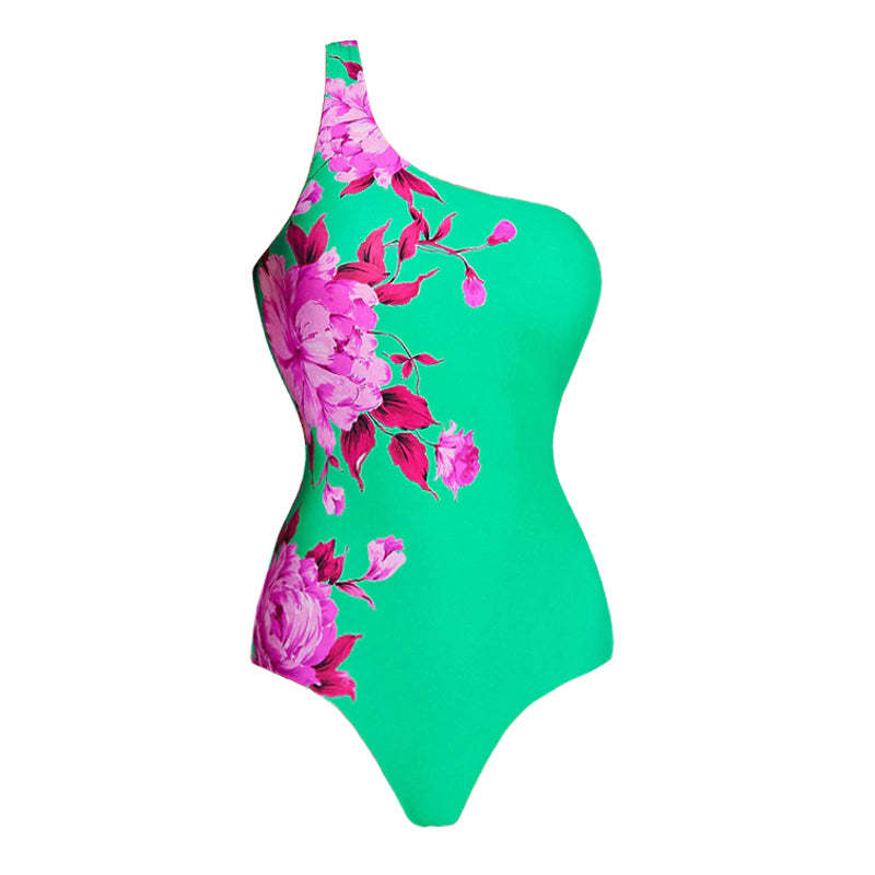 A one-sleeve floral print swimsuit with a sarong