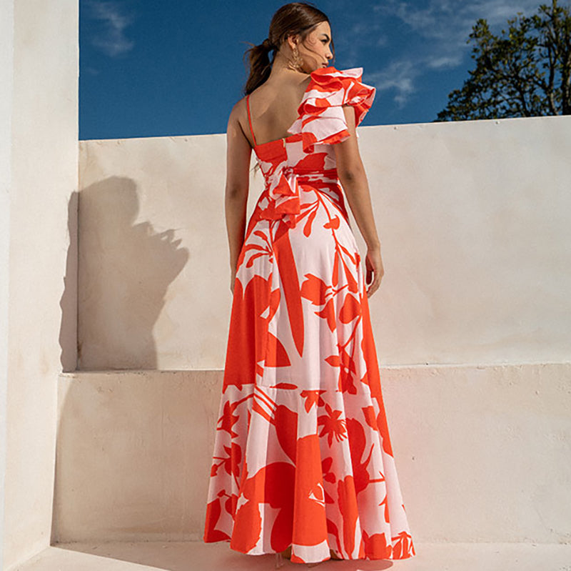 Printed one-sleeve ruffled swimsuit with skirt