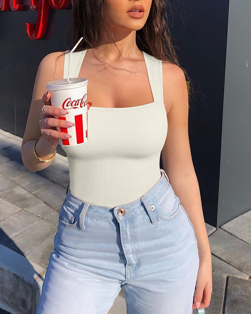 Body de tirantes finos con escote cuadrado, sin mangas, de punto acanalado y sin costuras para controlar el abdomen