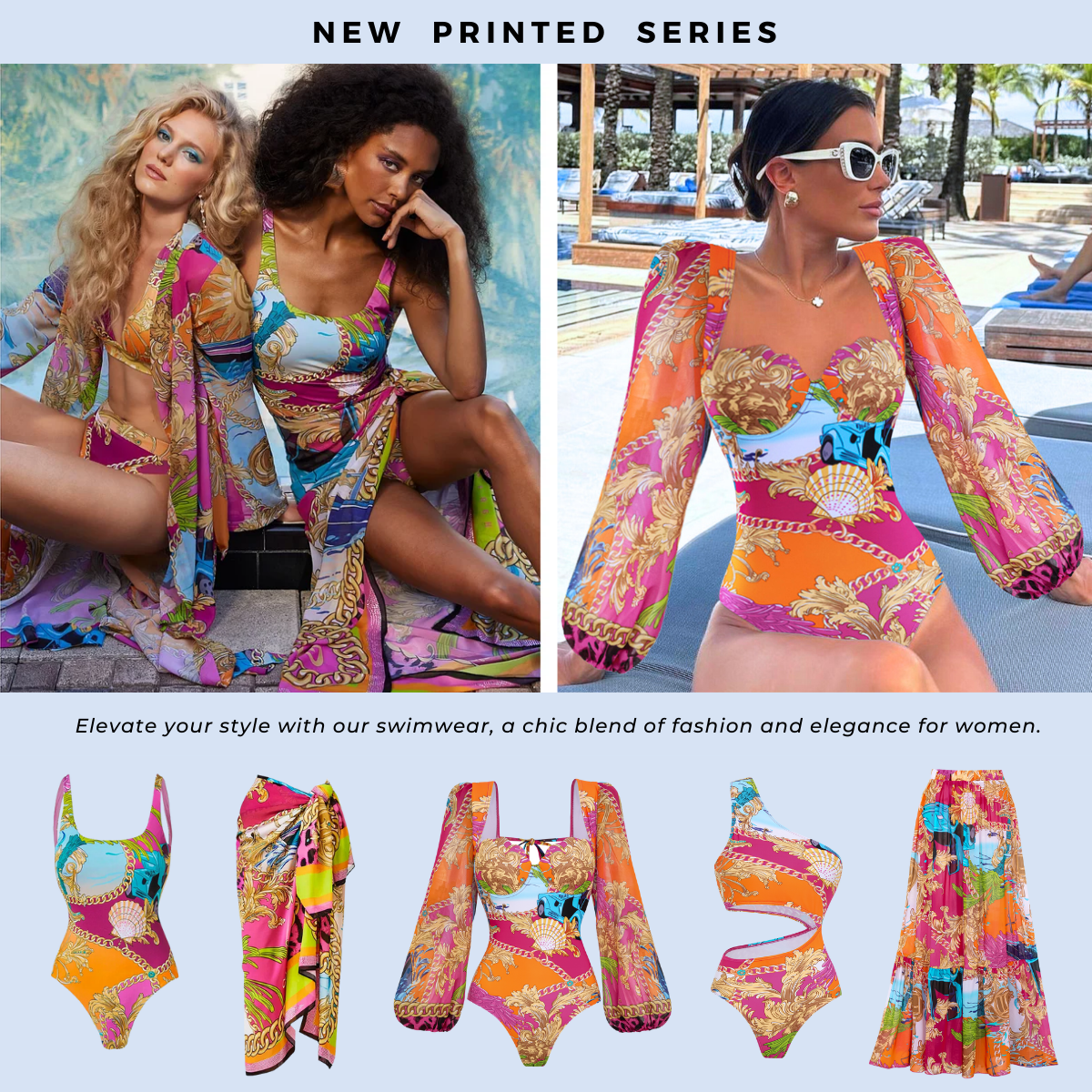 Traje de baño de una pieza con estampado de concha de cuello redondo y pareo o falda