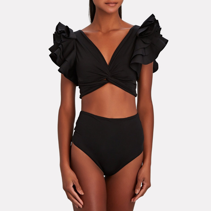 Bañador de bikini negro sólido con volantes