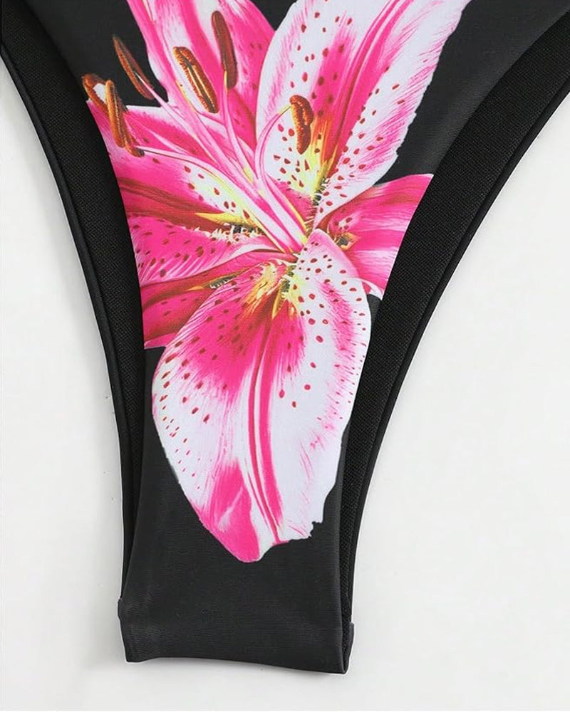 Conjuntos de bikini para mujer con estampado floral, traje de baño con halter y lazo en la espalda, con falda de cobertura