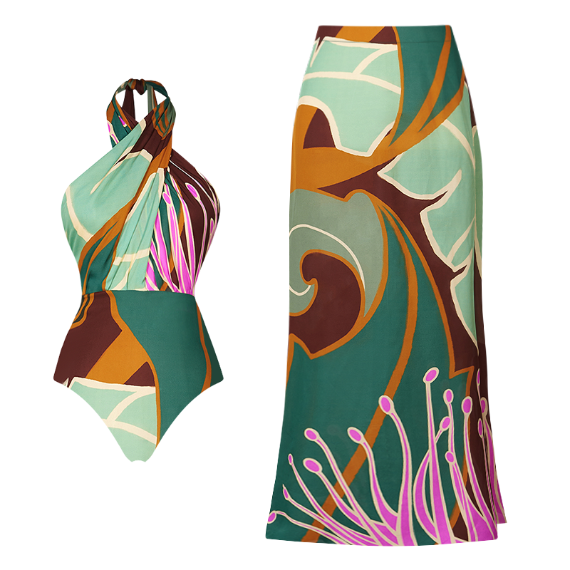 One-piece swimsuit with print and skirt