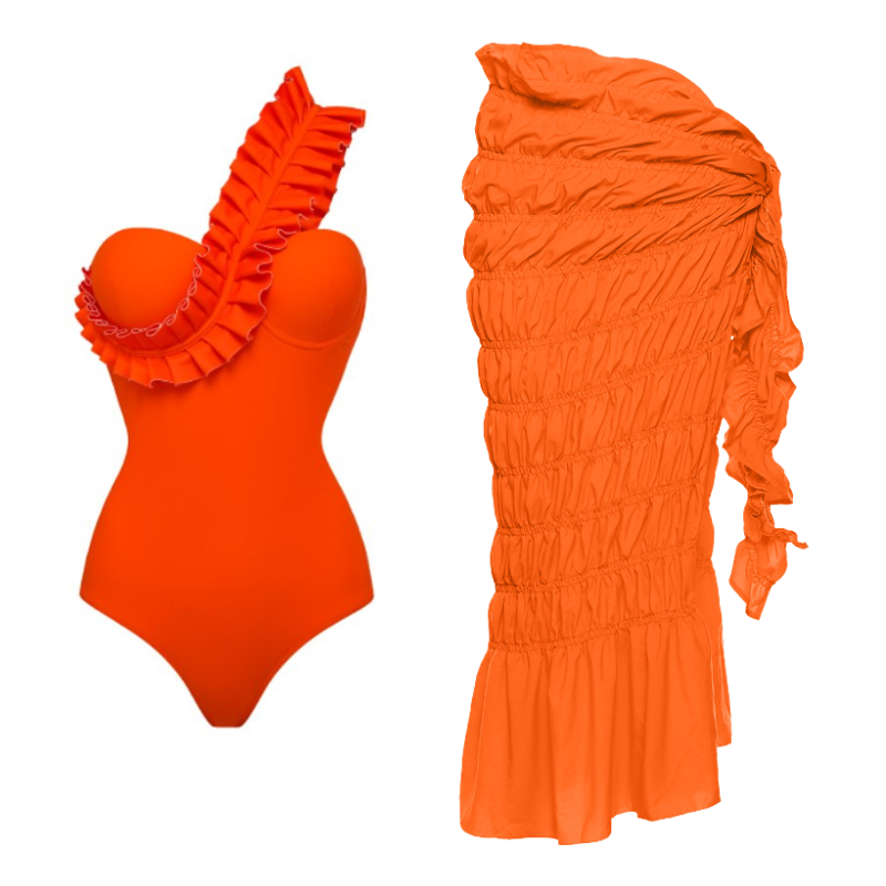 An orange one-sleeve ruffled swimsuit with a sarong