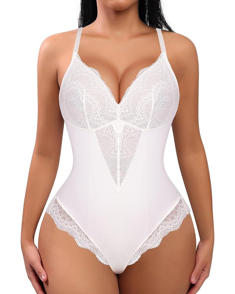 Women's V-Neck Lace Tummy Control Bodysuit