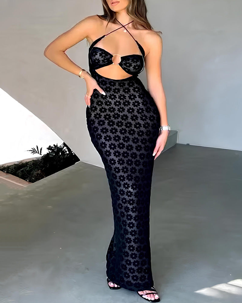 Elegant Sexy Mesh Hollow Out Floral Long Dress for Women