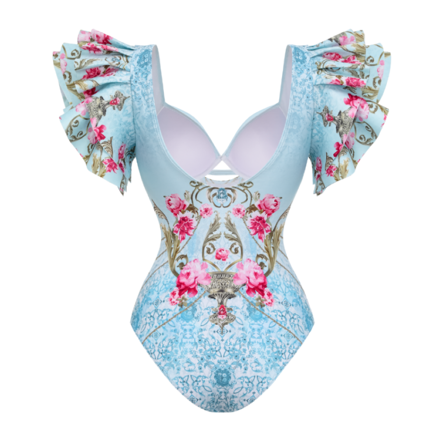 Bañador de una pieza con estampado de flores azules rizadas y falda
