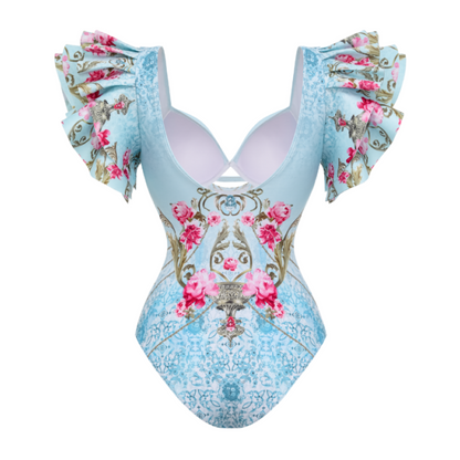 Bañador de una pieza con estampado de flores azules rizadas y falda