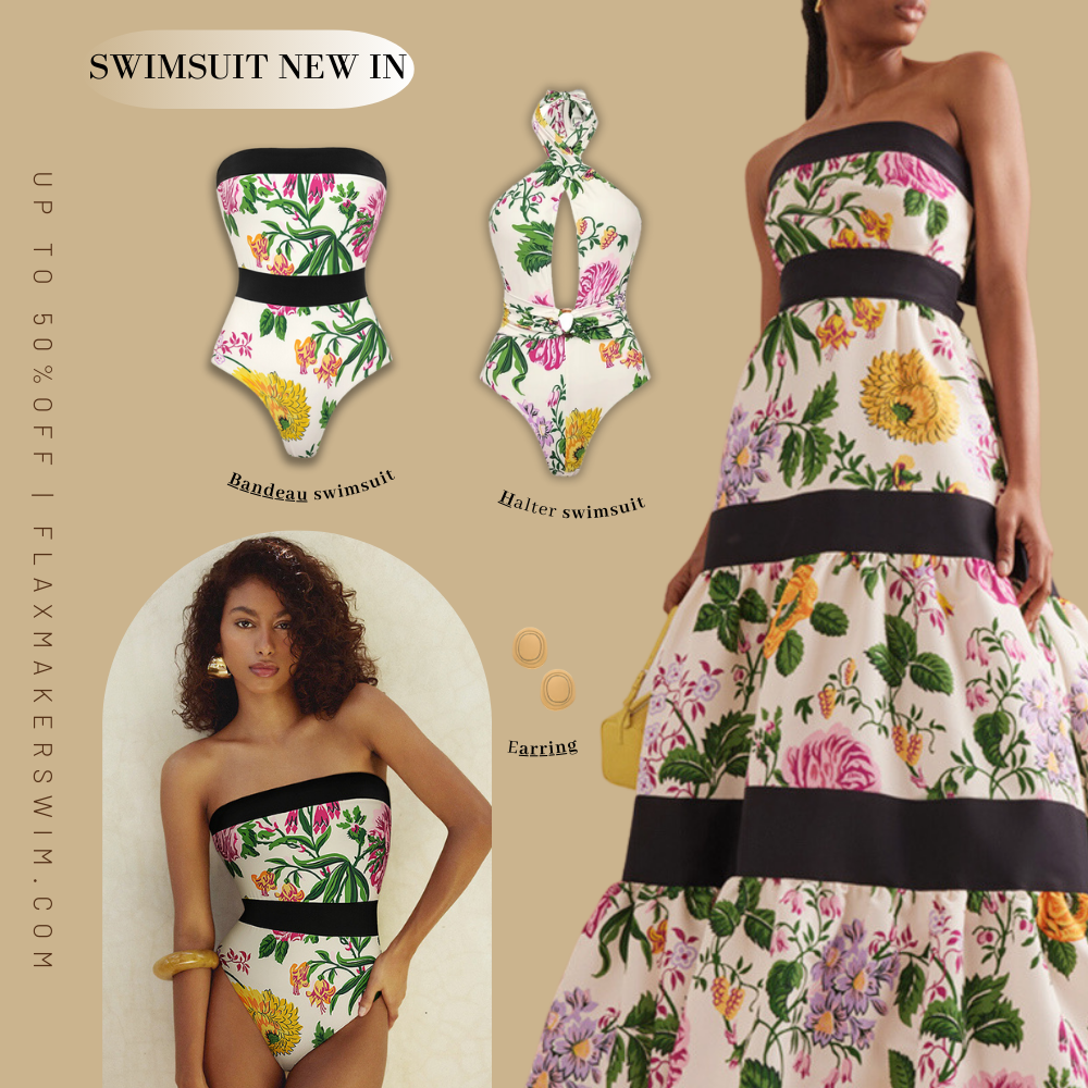 One-piece swimsuit with dropped shoulder straps, tie back, color block print and skirt