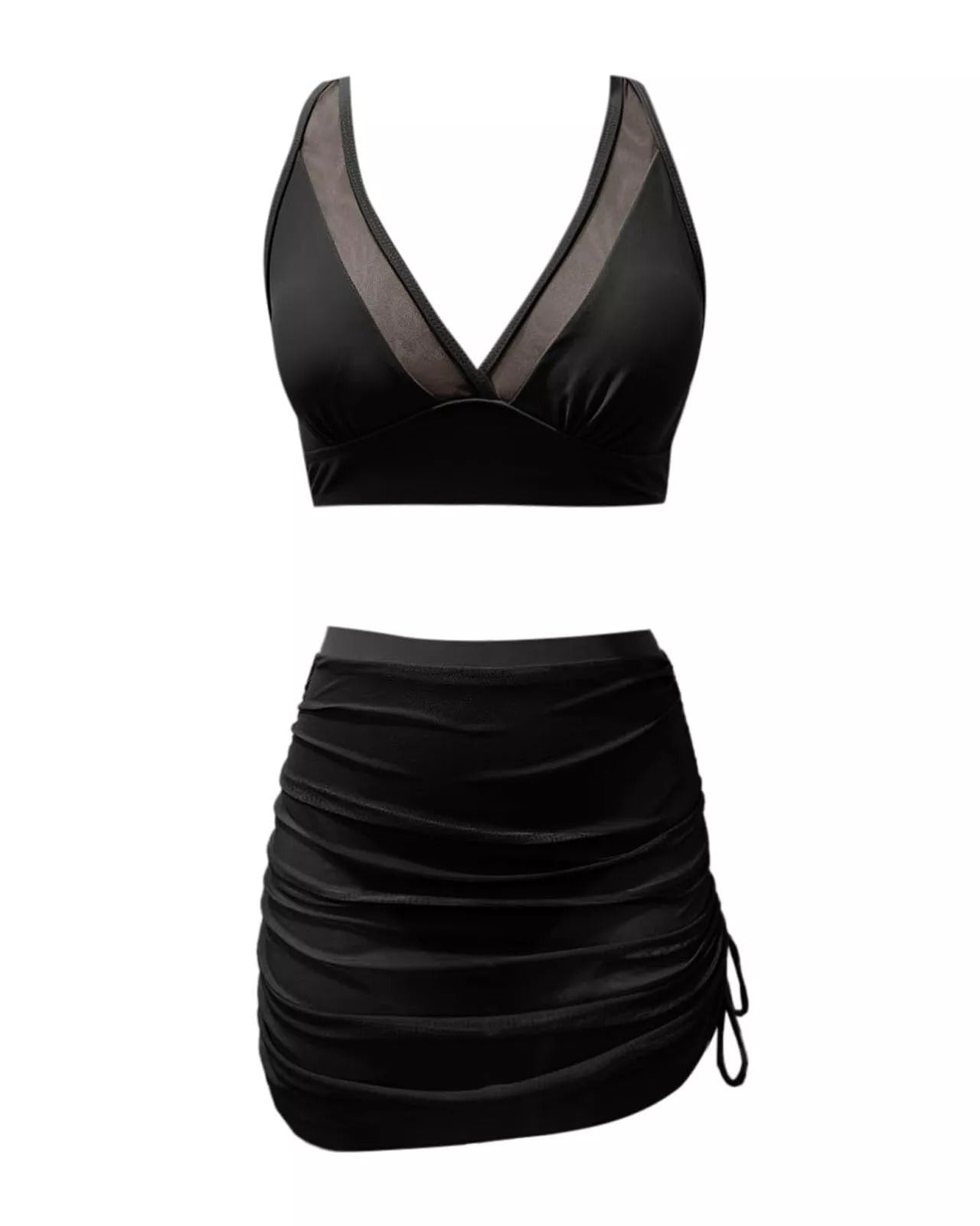 Bañador bikini con envoltura de sarong transparente de malla y control de abdomen en V profunda para mujer
