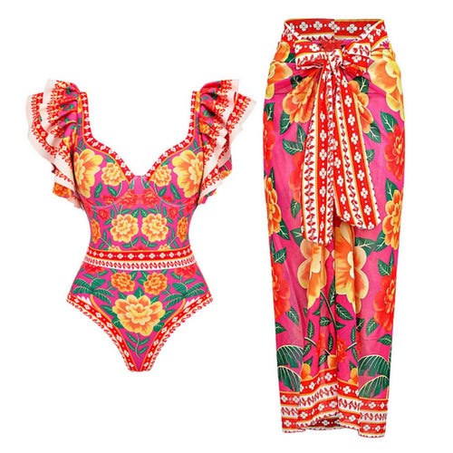 Bañador de una pieza con estampado de contraste y pareo con volantes