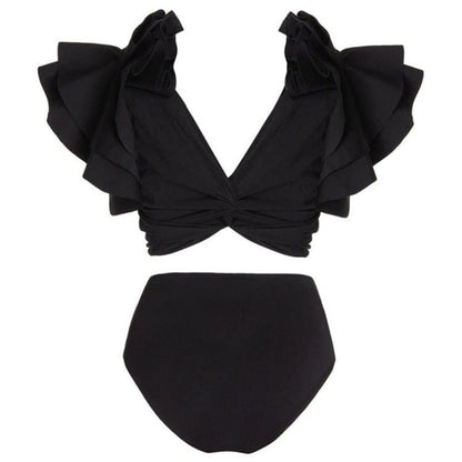 Bañador de bikini negro sólido con volantes
