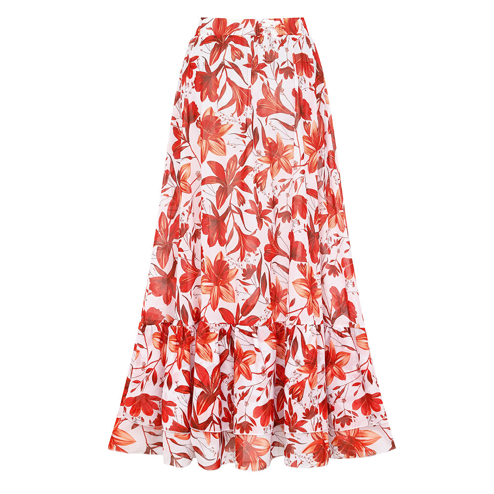 Traje de baño de una pieza con escote en V, cordones y falda estampada