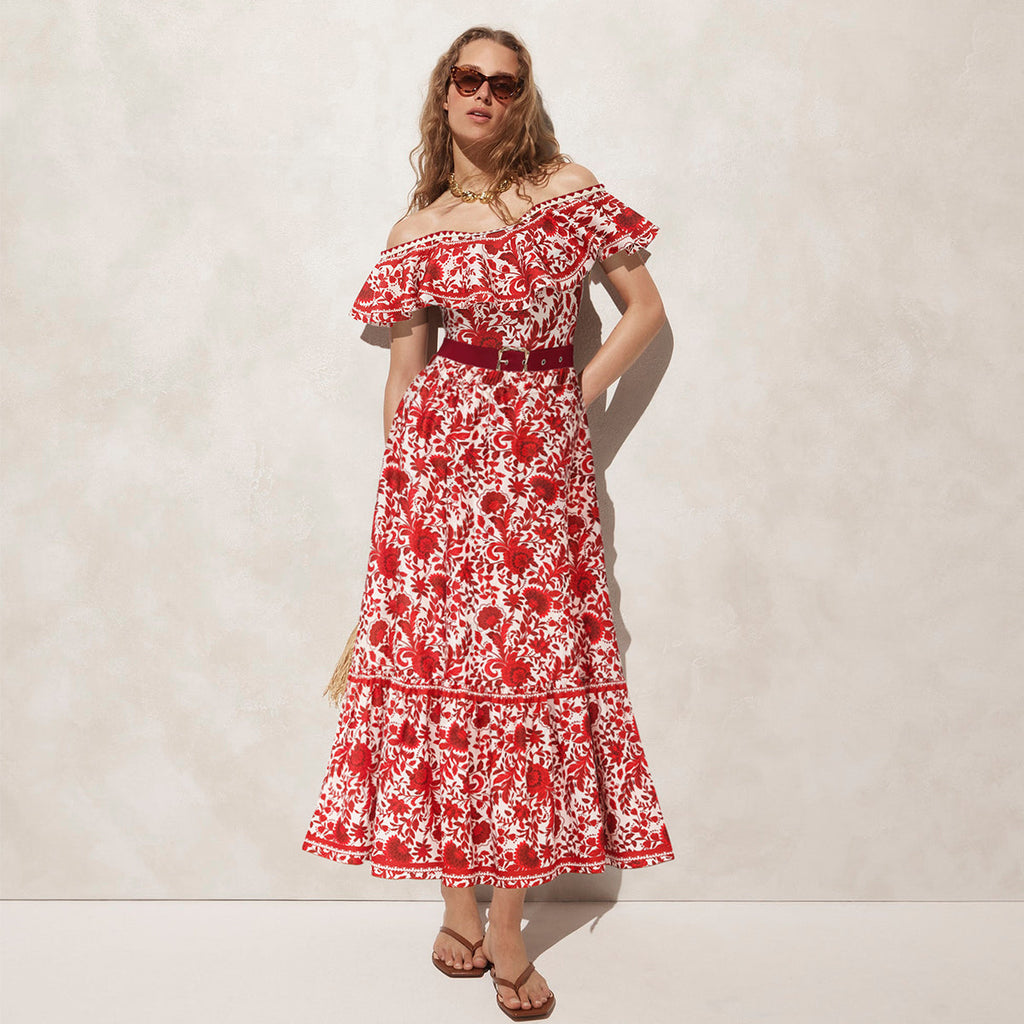 Bañador de una pieza con estampado de silueta de flor roja con volantes y falda