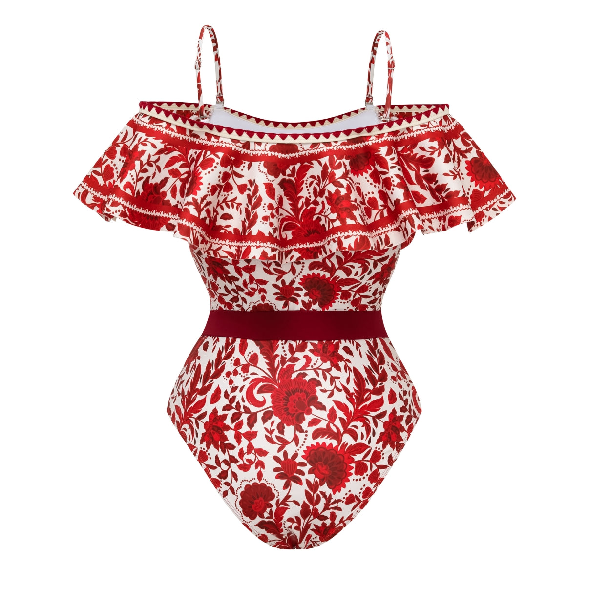 Bañador de una pieza con estampado de silueta de flor roja con volantes y falda