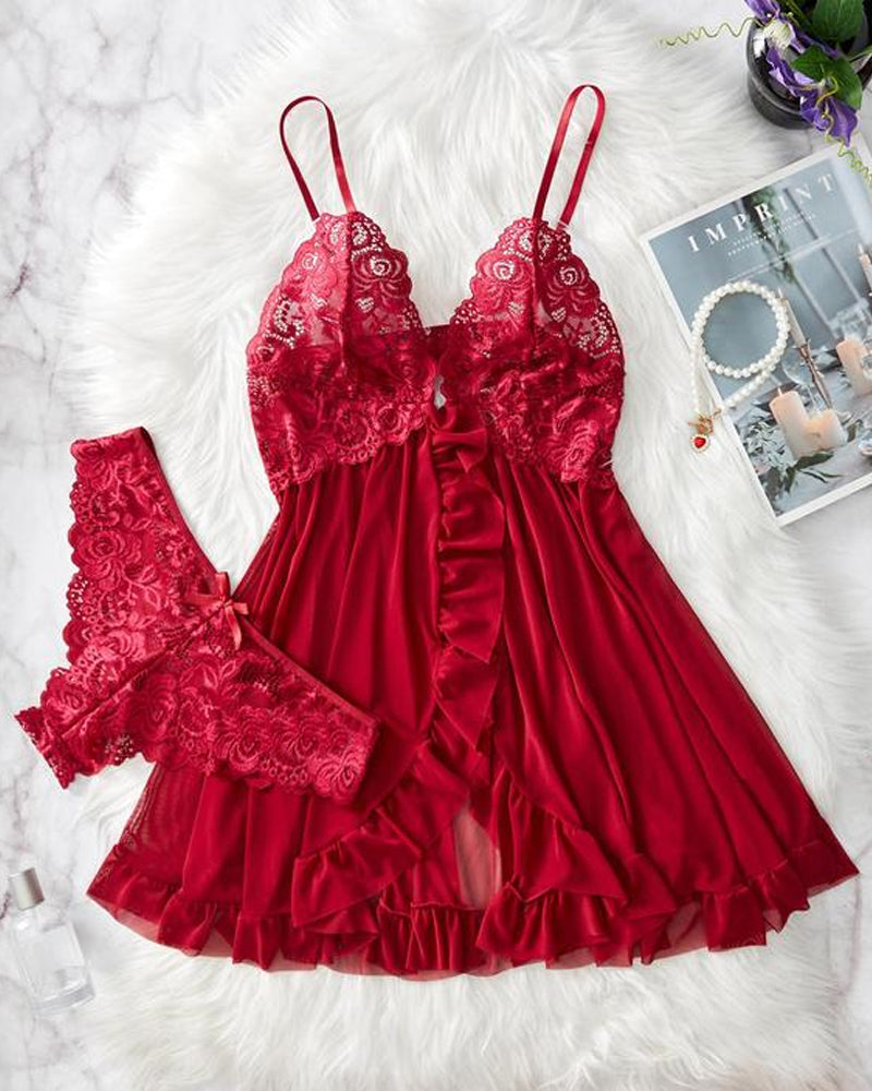 Conjunto de camisón y bragas de tirantes con volantes sexy de encaje para mujer