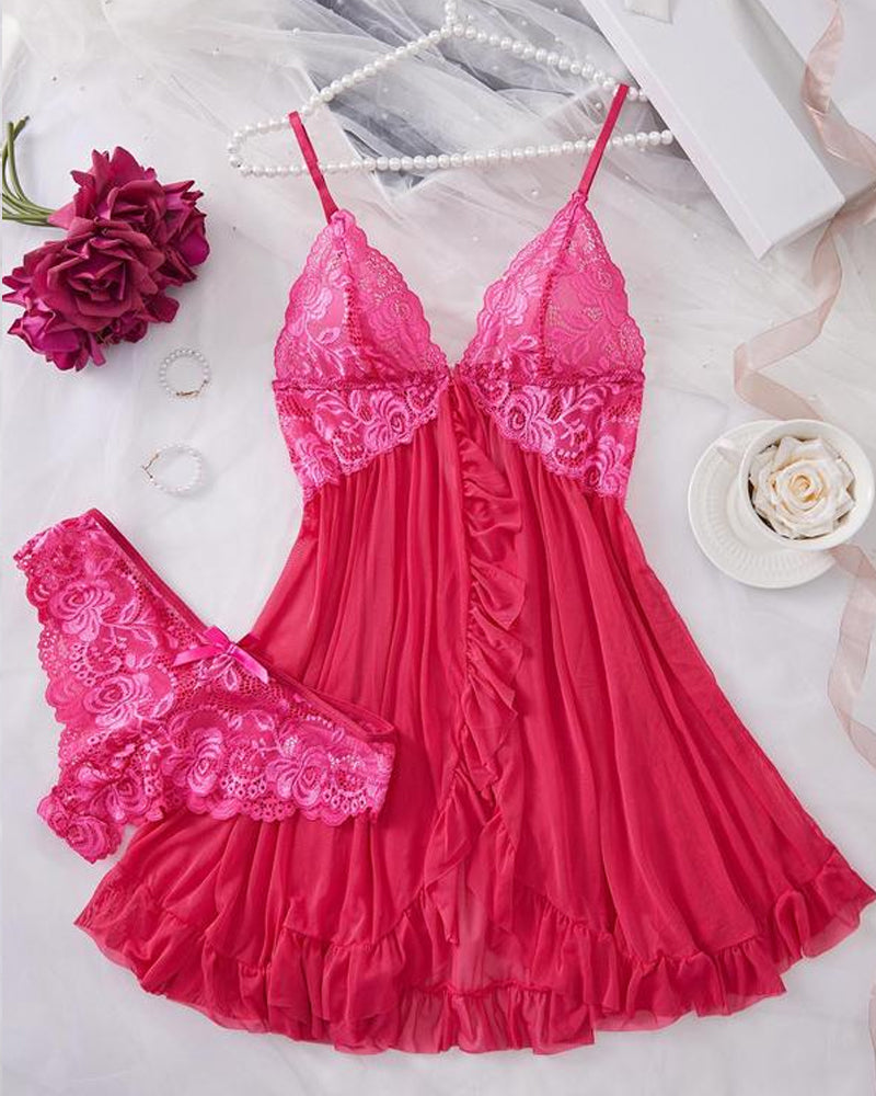 Conjunto de camisón y bragas de tirantes con volantes sexy de encaje para mujer