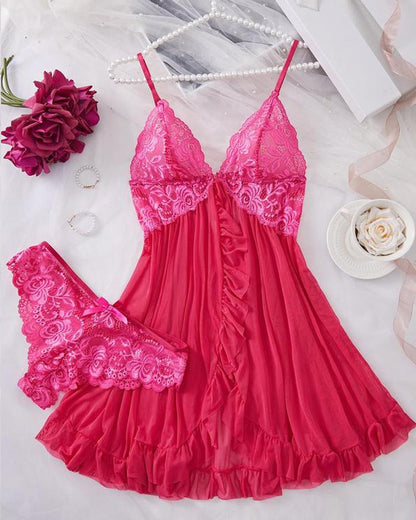 Conjunto de camisón y bragas de tirantes con volantes sexy de encaje para mujer
