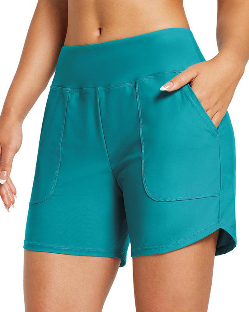 Shorts deportivos de playa para mujer con control de abdomen y cintura alta con bolsillo