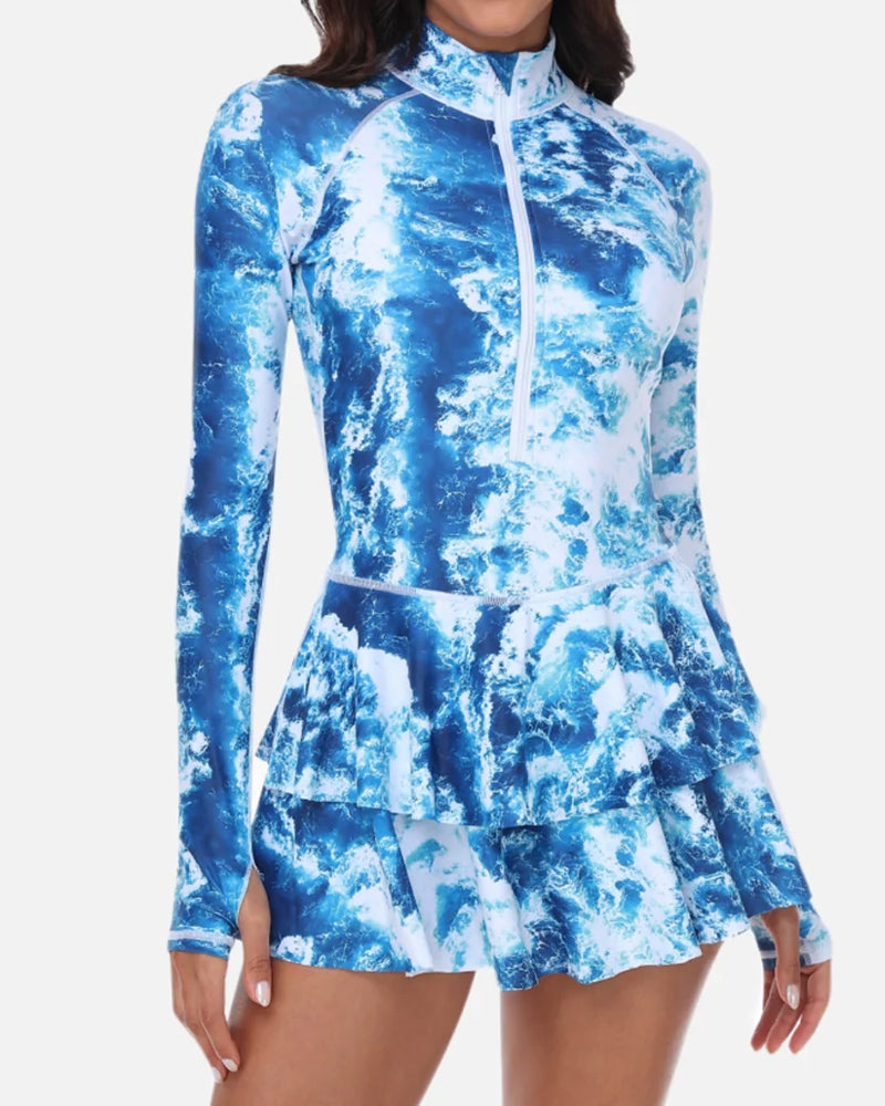 Traje de baño de una pieza con falda con volantes y manga larga, estampado de vacaciones en la playa, UPF50+