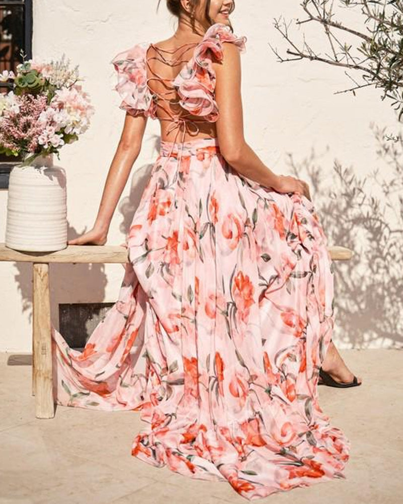 Holiday beach dress with ruffled straps at the back and V-neckline