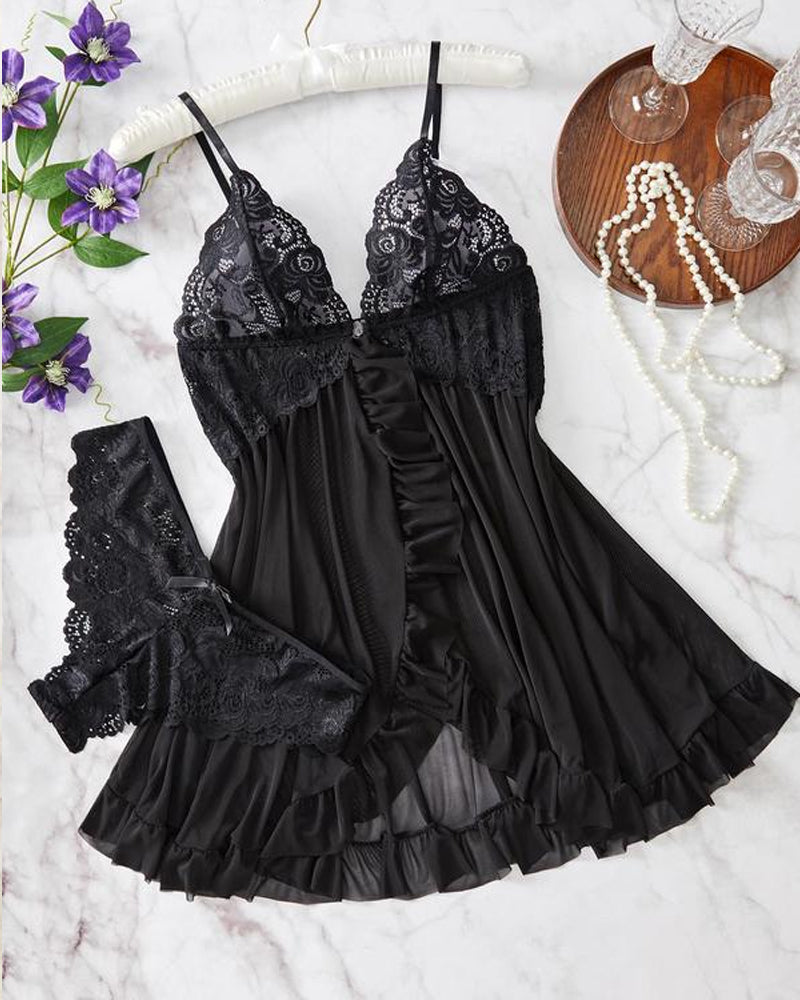 Women's Sexy Lace Ruffled Strap Nightgown and Panty Set