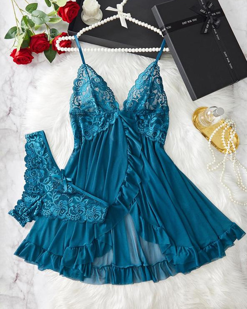 Conjunto de camisón y bragas de tirantes con volantes sexy de encaje para mujer