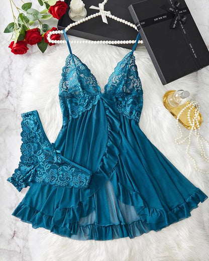 Conjunto de camisón y bragas de tirantes con volantes sexy de encaje para mujer