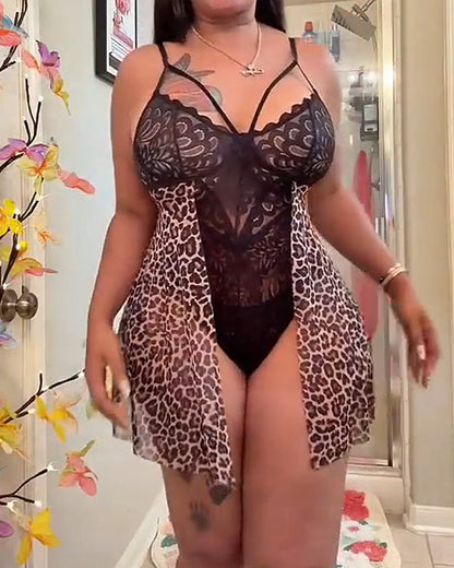 Pijama de una pieza para mujer, sexy, ajustado, con encaje fino, tirantes ajustables y escote en V